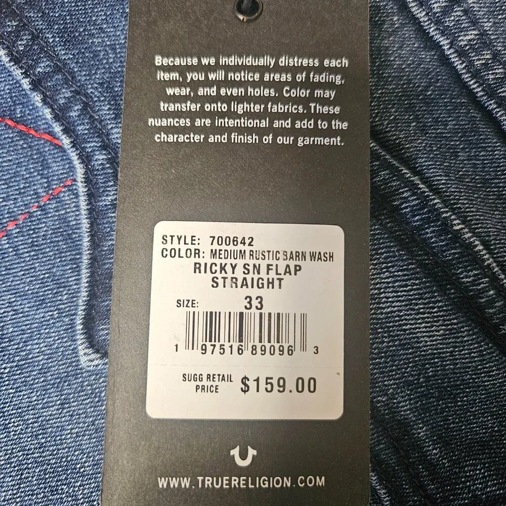 NWT TRUE RELIGION Men Ricky Relaxed Straight Jeans 33x34 Flap Pockets Red Stitch